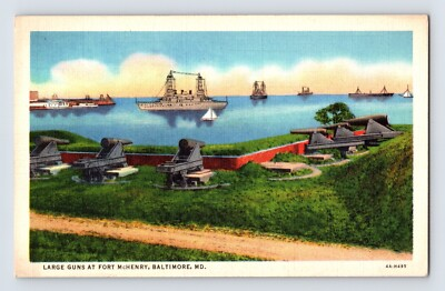 #ad Postcard Maryland Baltimore MD Fort McHenry Ship Guns 1940s Unposted Linen $4.00