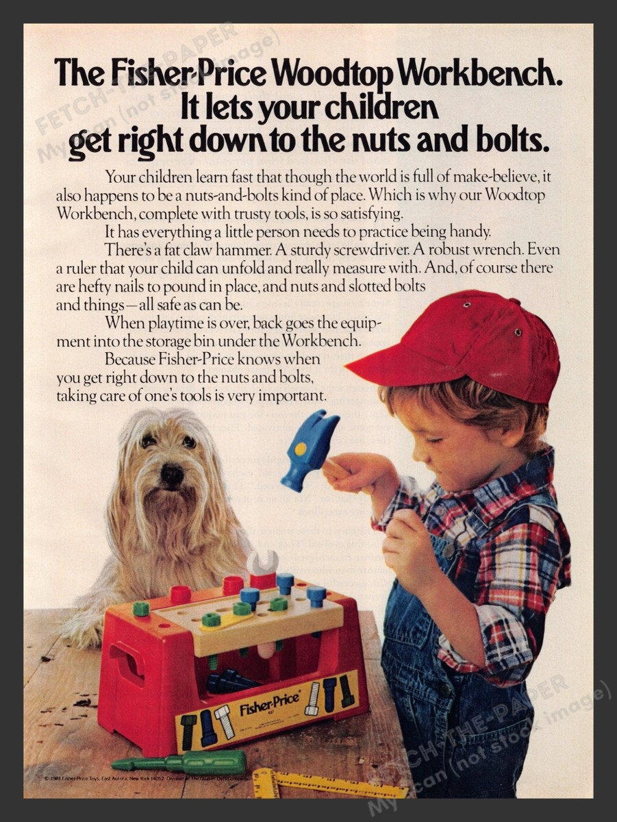 Fisher Price Woodtop Workbench Toy Bearded Collie Dog 1980s Print