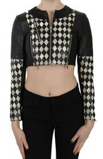 JOHN RICHMOND Jacket Coat Black White Leather Short Cropped Biker IT38 /US4 / XS