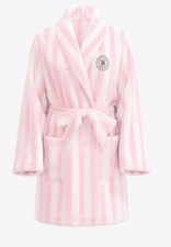 NEW Victorias Secret Pink White Stripe Logo Cozy Plush Short Robe M/L