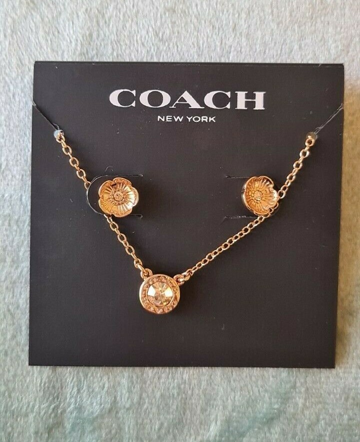 Coach Open Circle Necklace with Earrings in Tea Rose New