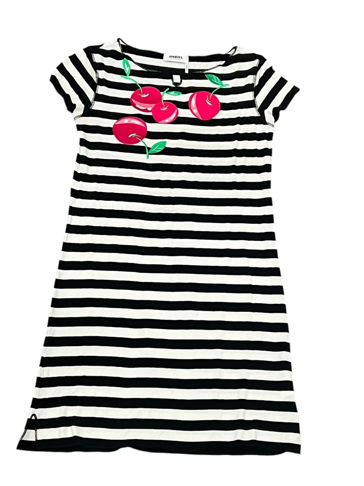 Sonia Rykiel Niño 14 Niñas Negro Blanco Rayas Camiseta Vestido Apliques Cereza Foto 4 de 4