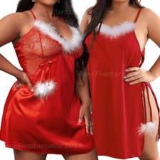 Santa Women Plus Size Lace Babydoll Lingerie Side Slit Strappy Chemise Sleepwear