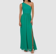 Adrianna Papell Women's Green One-Shoulder Chiffon Gown Dress Size 2