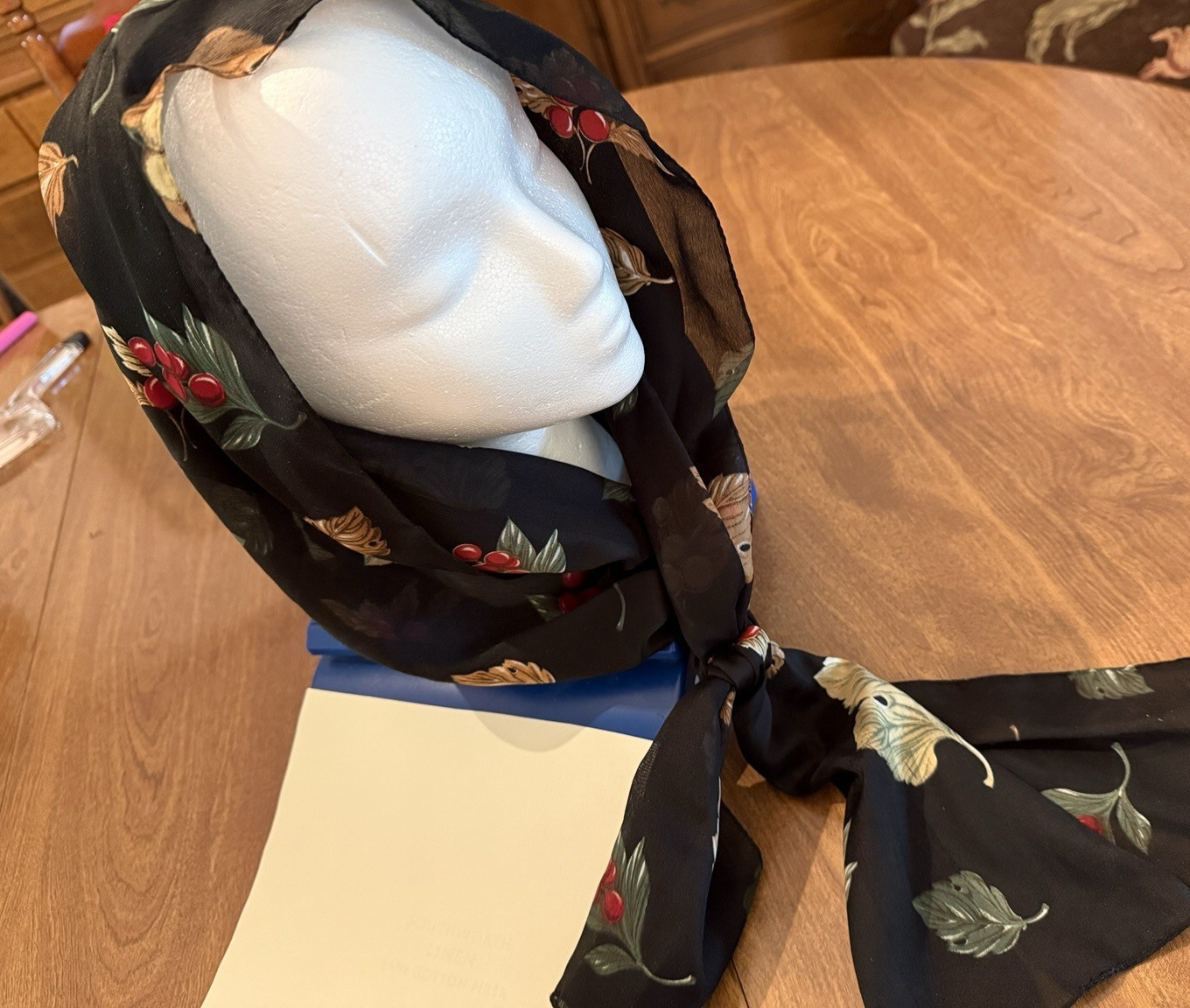 Silk Feel Sheer Scarf RECTANGLE WITH FLAWS CHERRIES & LEAVES ON BLACK