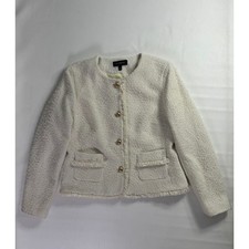 Talbots Women's Sz 8 Cream Tweed Fringe Collarless Jacket Blazer Gold Buttons