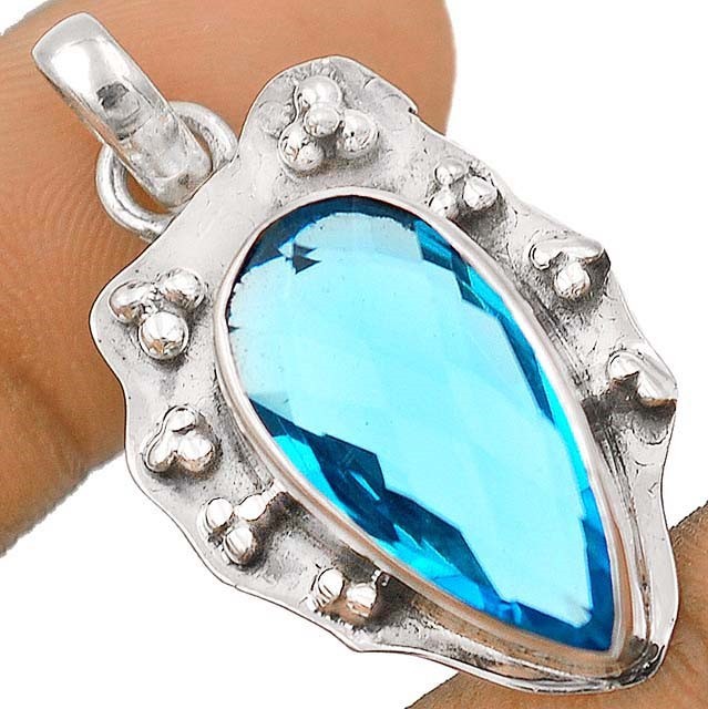 Natural 10CT Flawless Blue Topaz 925 Sterling Silver Pendant 1 1/3" Long @5-3