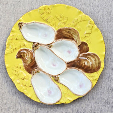 ANTIQUE OYSTER PLATE HAVILAND LIMOGES TURKEY BIRD PATTERN CANARY YELLOW GOLD