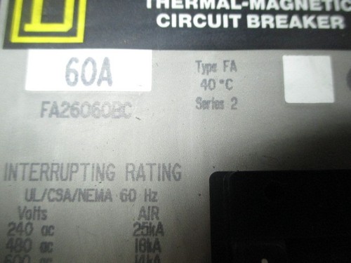 SQUARE D 60A THERMAL-MAGNETIC CIRCUIT BREAKER TYPE FA SER 2 FA2606BC - Picture 4 of 5