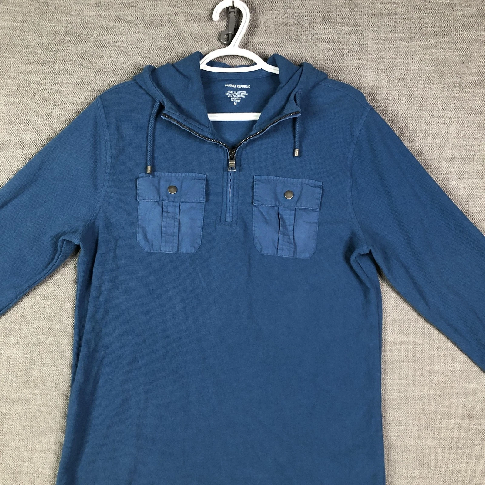 Banana Republic Hoodie Mens Medium Blue Waffle Knit Quarter Zip Chest Pockets