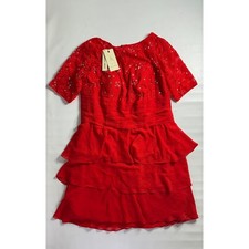 NWT Sz 18 Prom Wedding Red Lace Sequin Tiered Ruffle Cocktail Dress Short Sleeve