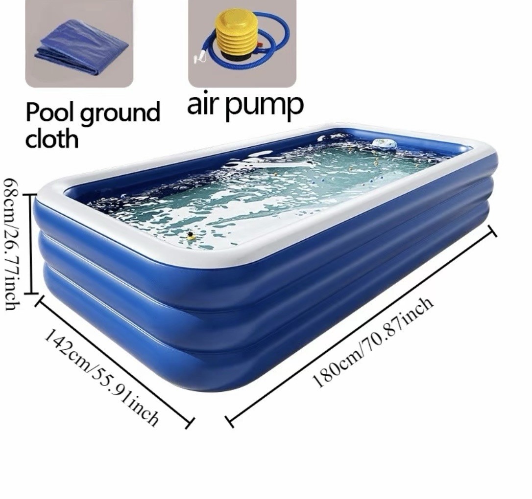 This 3-piece set includes a blue inflatable pool, a pool mat and an air pump.