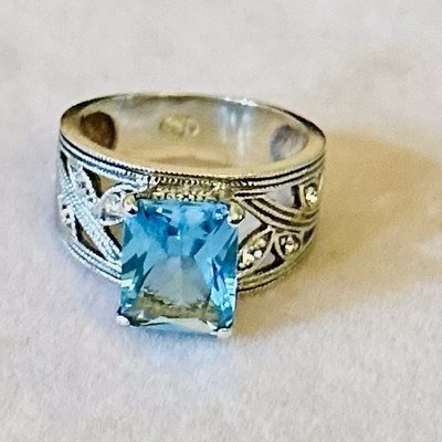 Sterling Silver Women s 925 Ring with Blue Gemstone Filigree Details Size 6.25