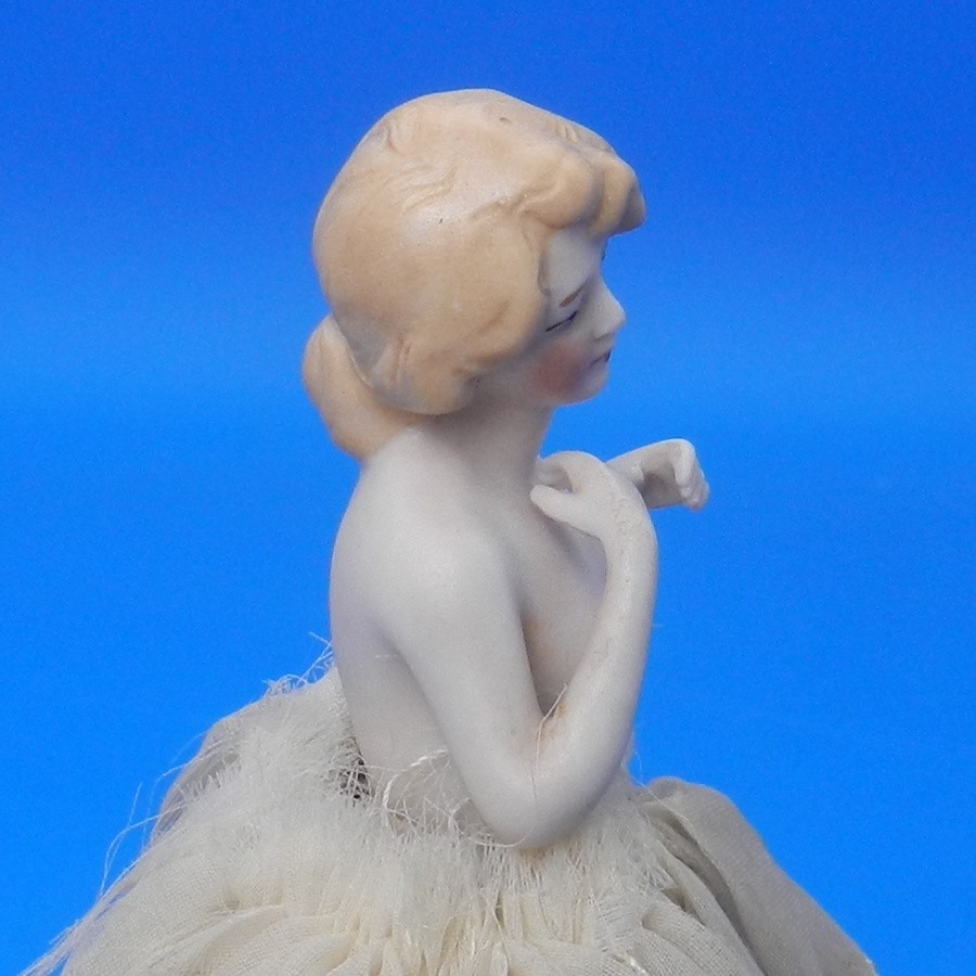 Vintage HALF DOLL PIN CUSHION Porcelain Figurine Bathing Beauty HANDS AWAY