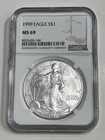 1999 American Silver Eagle ASE Coin NGC MS69 1oz 999 Fine Silver Brown Label