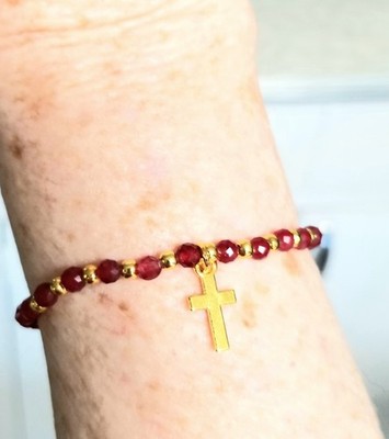 Small Rubies Bracelet with Tiny Cross Pendant-- Handcrafted 