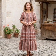 New Aura Maxi Dress Womens Size M Button Down Tribal Print Boho Short Sleeve NWT