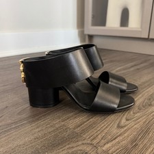 Burberry Eliana Black Leather Gold Logo Heeled Slides Sandals 36 NEW TB Heels