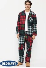 Old Navy Pajama Set Mens Medium Red Green Plaid Patchwork Flannel 100 Cotton