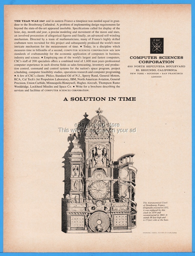 1963 Computer Sciences Co El Segundo CA Strasbourg France Astronomical Clock Ad