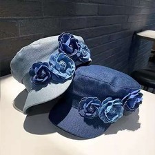 Women's Floral Denim Newsboy Cap Handmade Flower Decor Casual Hat for Artists