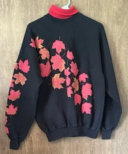 Vintage 1992 Black Red Orange Fall Maple Leaves Turtleneck Sweatshirt Size M