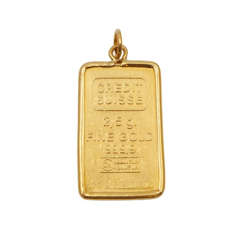 Credit Suisse 2.5g .9999 Fine Gold Bar With 24k Bezel Pendant 3.41 grams