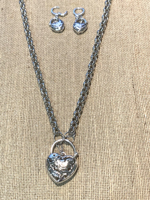 *SALE* NEW LISTING* 3 PC. SILVER OPENWORK HEART LOCK NECKLACE & EARRINGS SET-NEW