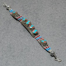 Tibetan Turquoise Red Coral Bohemian Jewelry Handmade Nepali Bracelet 7" SR 3391