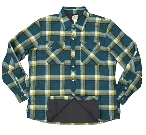 LL Bean Thermal Lined Flannel Shirt Mens Large Elbow Patch Teal Plaid Snap Front - product listing photo