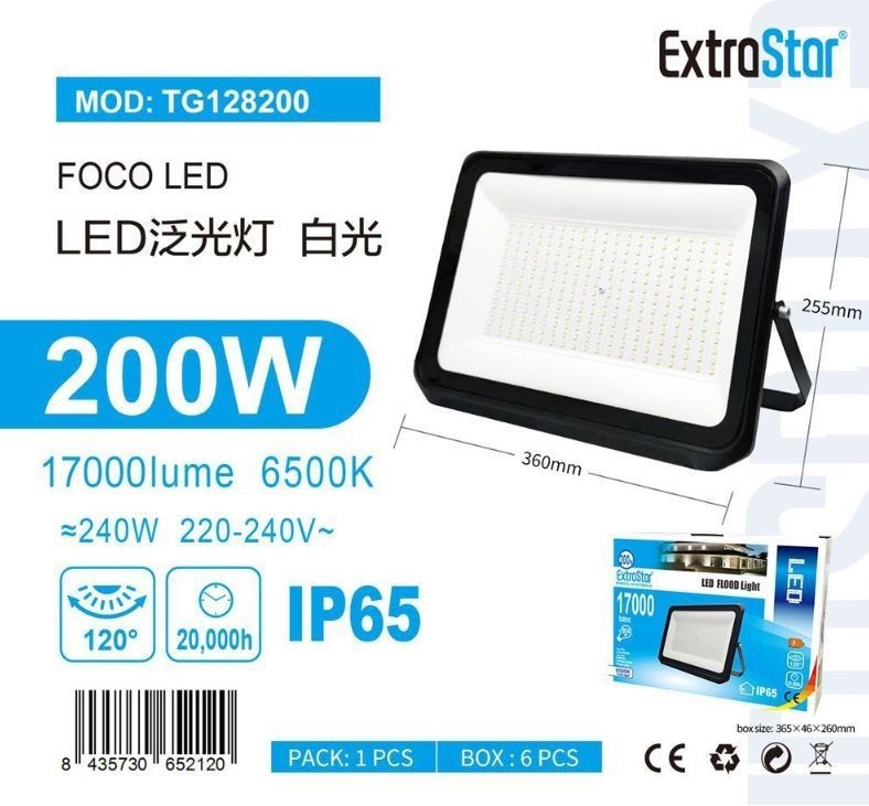 Faretto LED 200W ExtraStar 17000 Lumen IP65 Proiettore Esterno Luce Bianca 6500K
