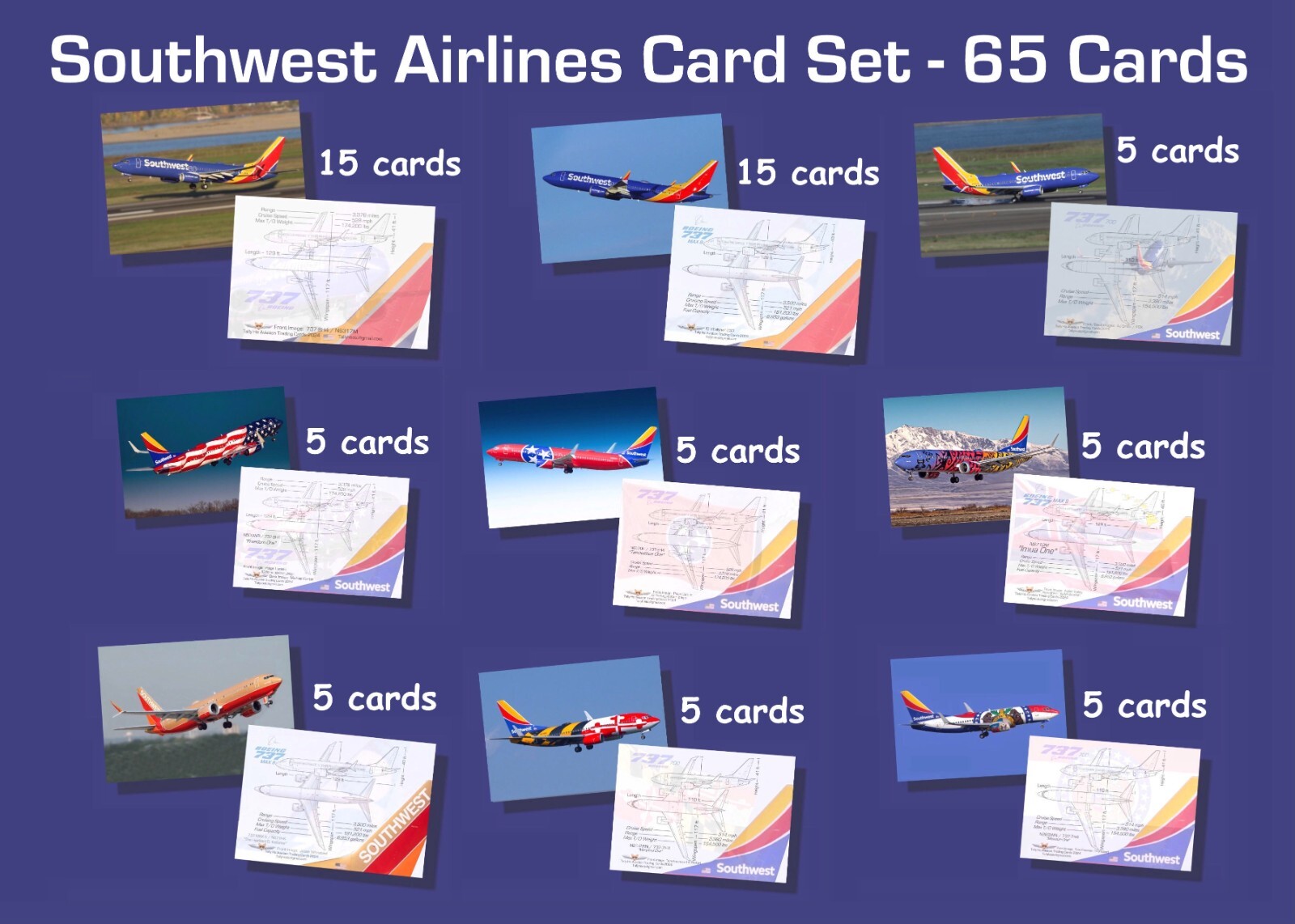 Southwest Airlines 737 Set #1 - 65 Airplane Trading Cards - 2.5"x 3.5"