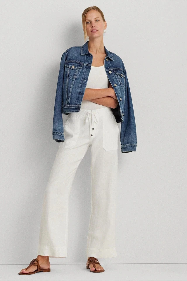Lauren Ralph Lauren White Jovon Linen Wide Leg Trousers Linen Pants Size 18W