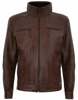 Men's Vintage Brown Retro Casual Zipped 100% Leather Racing Biker