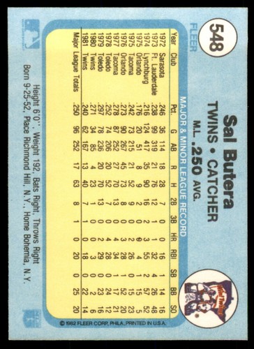 1982 Fleer NMMT Sal Butera Minnesota Twins 548 EBay
