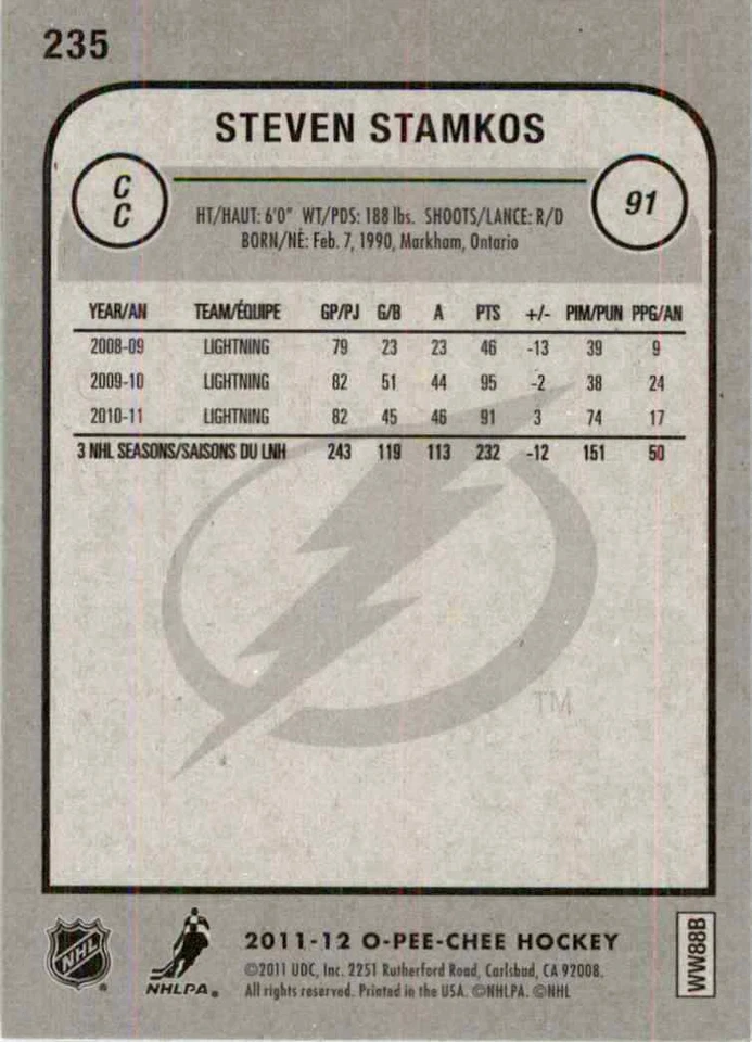 2011-12 O-Pee-Chee Steven Stamkos #235 - Image 2 of 2
