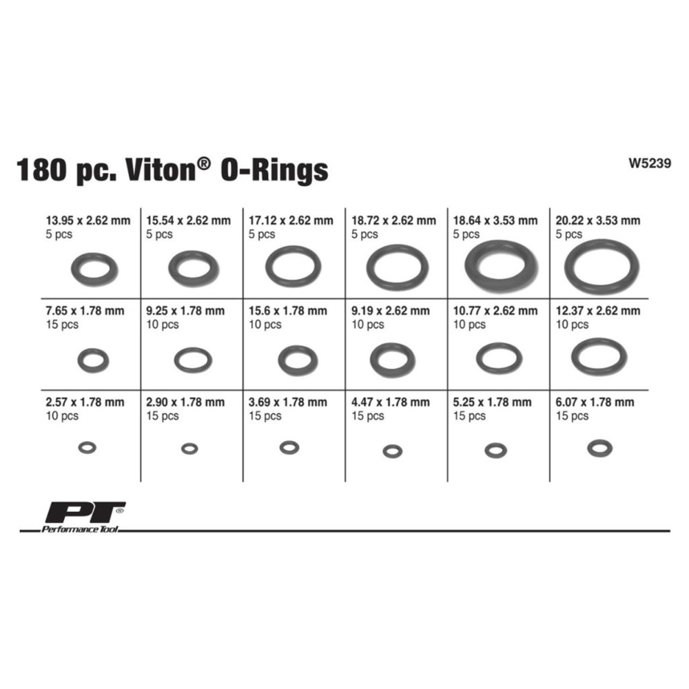 Performance Tool W5239 180-Piece Set 9mm - 20mm Viton O-Ring Assortment (NEW)