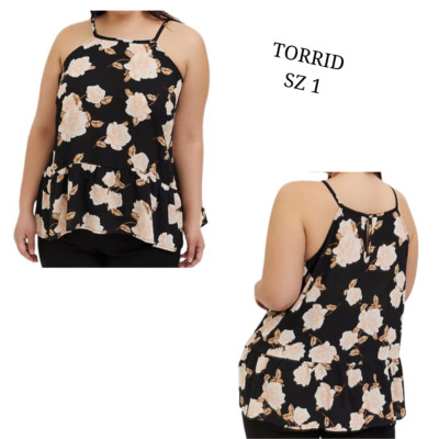 Women's Torrid Georgette Back Zip Hi Lo Goddess Floral Top Size 1 Black V-Neck