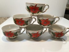 VTG Christmas Poinsettia Coffee Cups Set Of 6 Bone China Numbered 62/26