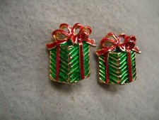 Vintage Green Red Enamel Christmas Presents with Bow Holiday Clip Earrings
