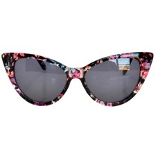 CAT EYE FLOWERS BLACK PATTERN SUNGLASSES DARK SMOKE LENS WOMENs UVB PROTECTION
