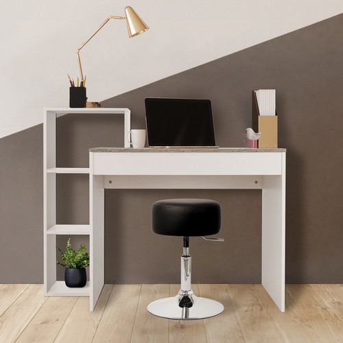 Mesa con 3 estantes madera MDF blanca taburete giratorio regulable cuero negro - Imagen 8 de 8