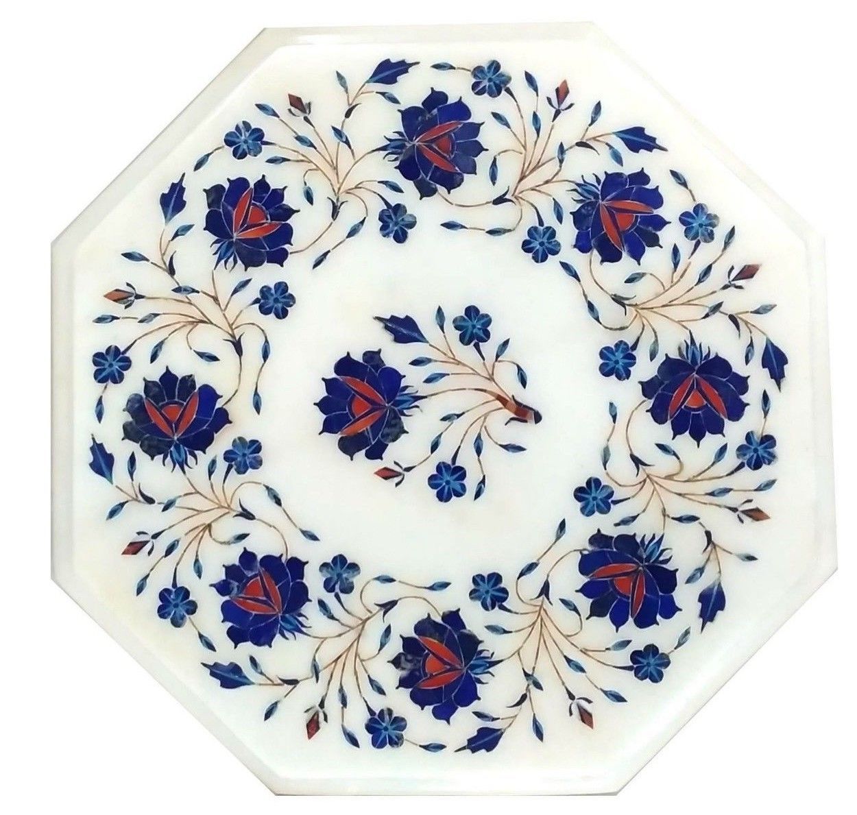 12-Inch Handcrafted Marble Table Top with Semi-Precious Stone Floral Inlay Marquetry