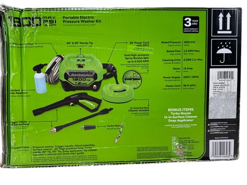 Greenworks 1900 PSI Electric Pressure Washer Kit w/Surface Cleaner GPW1901SC (OB - Picture 2 of 14