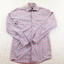 Hugo Boss Dress Shirt 14.5 32/33 Red Blue Plaid Sharp Fit Miles US