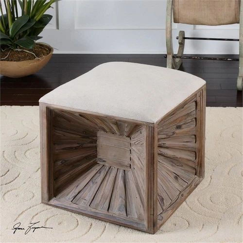 Uttermost Jia Coastal Wood and Fabric Ottoman in White/Woodtone - Picture 3 of 5