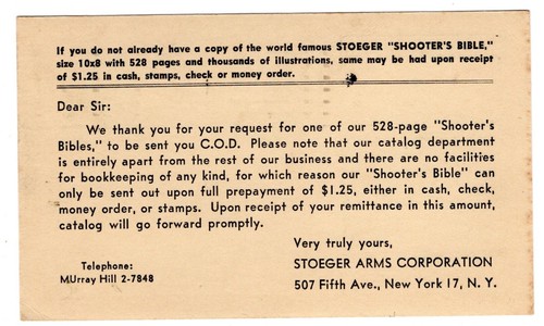 Postal Card UX27 Gun Advertising NY Stoeger Arms Co Catalog "Shooter's Bible" - Picture 2 of 2