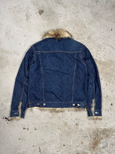Vintage Y2K Real Fur Denim Trucker Jacket Jeans Archive Trim - Picture 2 of 16