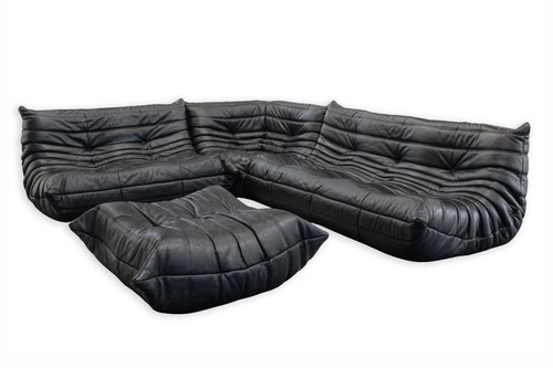Michel Ducaroy for Ligne Roset Togo 4pc Black Leather Modular Modern Sofa Set