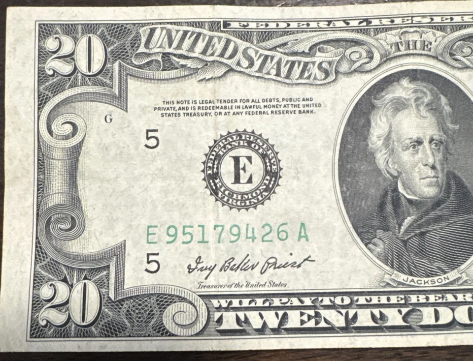 1950 $20 Federal Reserve Note Richmond Fr. 2060E mis aligned cut error  - Image 3 of 4